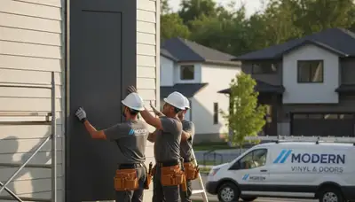 Vinyl siding contractors installing new exterior door in Buffalo, NY home for weather-resistant upgrade