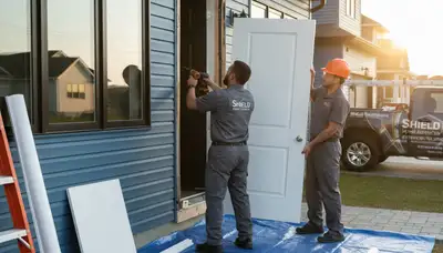 Technician repairing exterior door frame on vinyl-sided home in Buffalo, NY