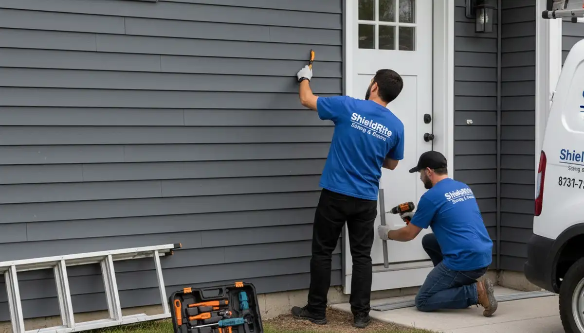 Technician repairing front entry door with vinyl siding in Buffalo, NY home exterior