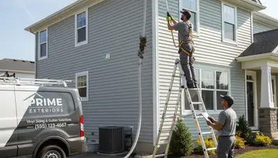 Technician cleaning residential gutters on vinyl siding home in Buffalo, NY