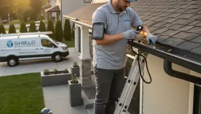 Technician performing gutter inspection on vinyl siding home in Buffalo, NY
