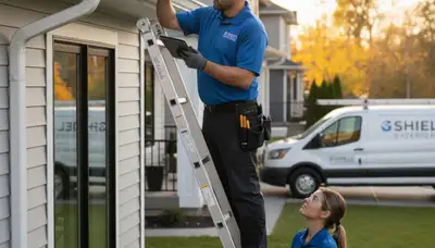 Technician performing gutter inspection on vinyl siding home in Buffalo, NY