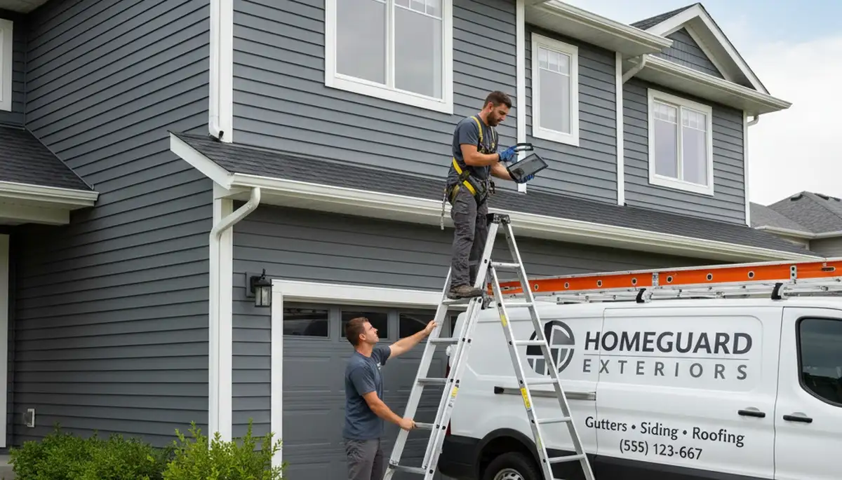 Technician performing gutter inspection on vinyl siding home in Buffalo, NY