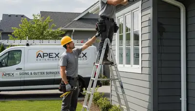 Technician repairing home gutters and vinyl siding in Buffalo, NY for Next Level Exteriors