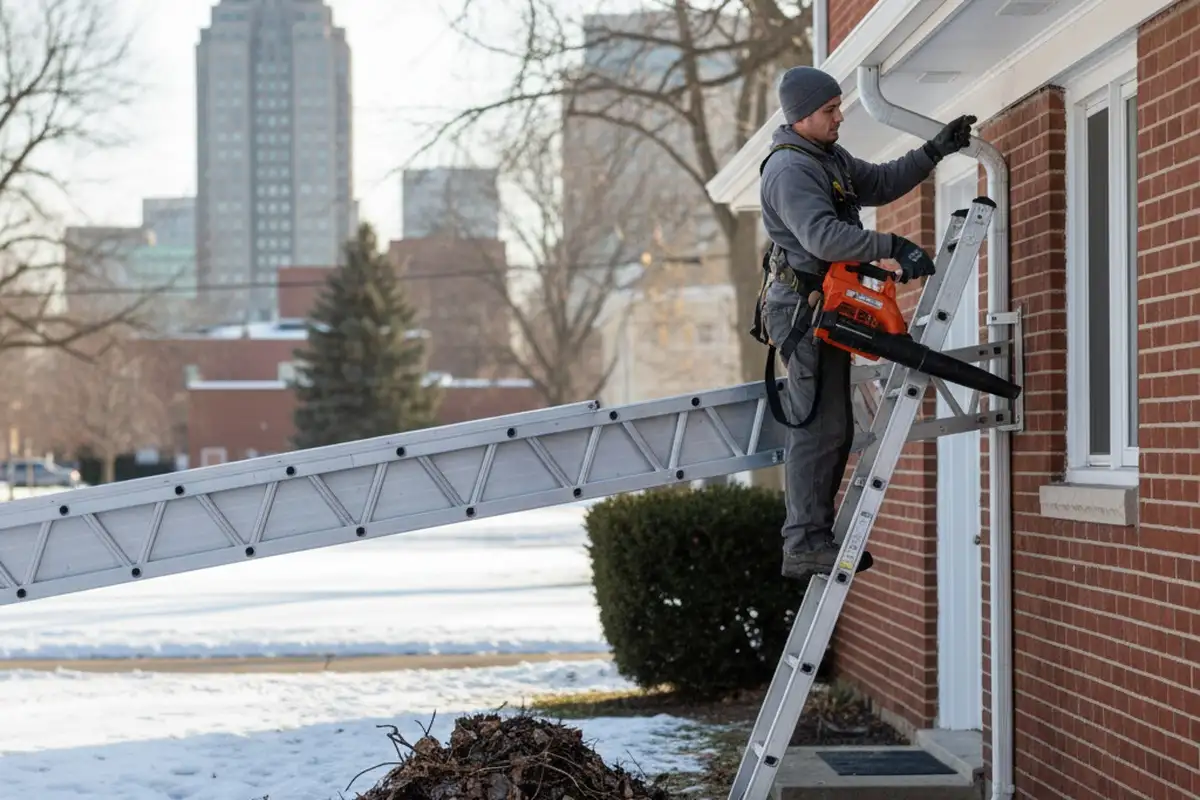 Technician finishing gutter cleaning on vinyl-sided home in Buffalo NY ensuring clear, secure downspouts