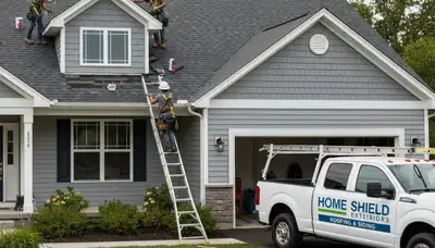 Vinyl siding contractors repairing storm-damaged home exterior in Buffalo, NY