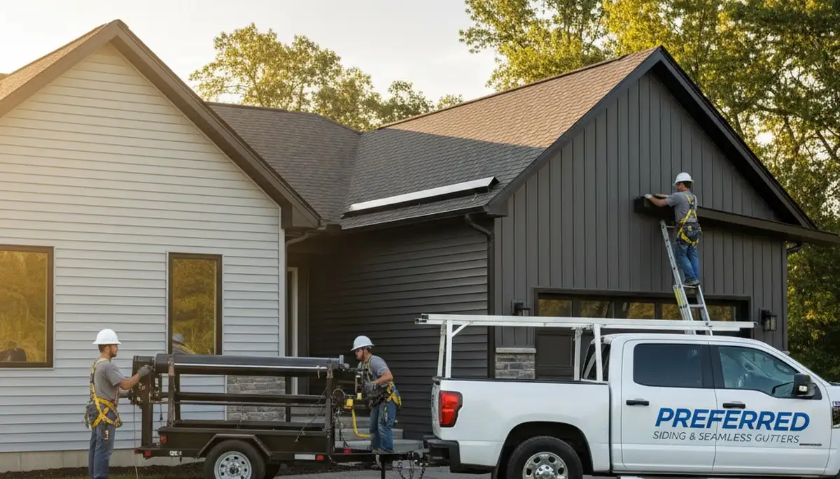 Seamless vinyl gutters installed on Buffalo NY home exterior by professional siding contractors