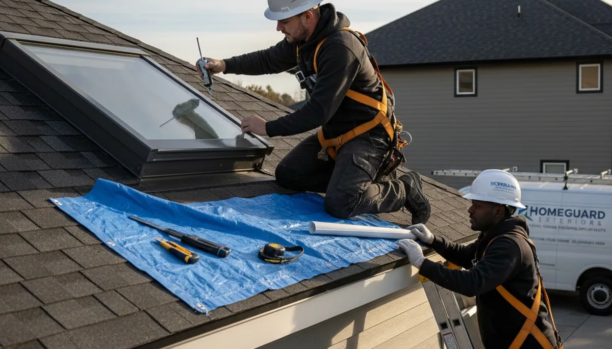 Vinyl siding contractors repairing skylight leak on Buffalo NY home exterior after winter damage