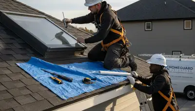 Vinyl siding contractors repairing skylight leak on Buffalo NY home exterior after winter damage