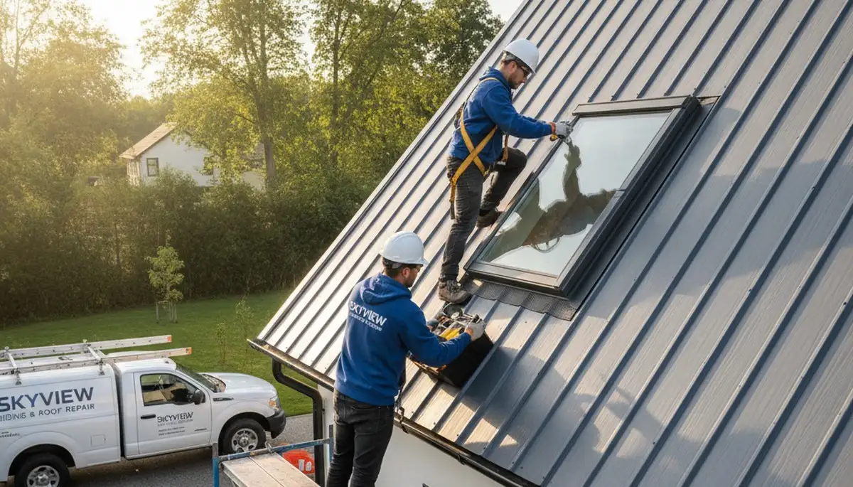 Vinyl siding contractors repairing skylight on Buffalo NY home exterior after winter storm damage