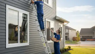 Technician repairing vinyl siding on Buffalo NY home exterior by Next Level Exteriors