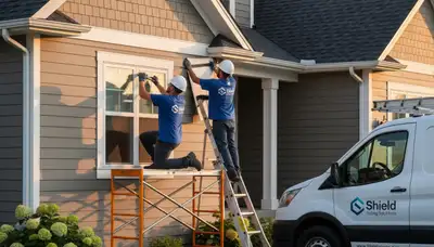 Technician repairing cracked vinyl siding on Buffalo NY home exterior by Next Level Exteriors