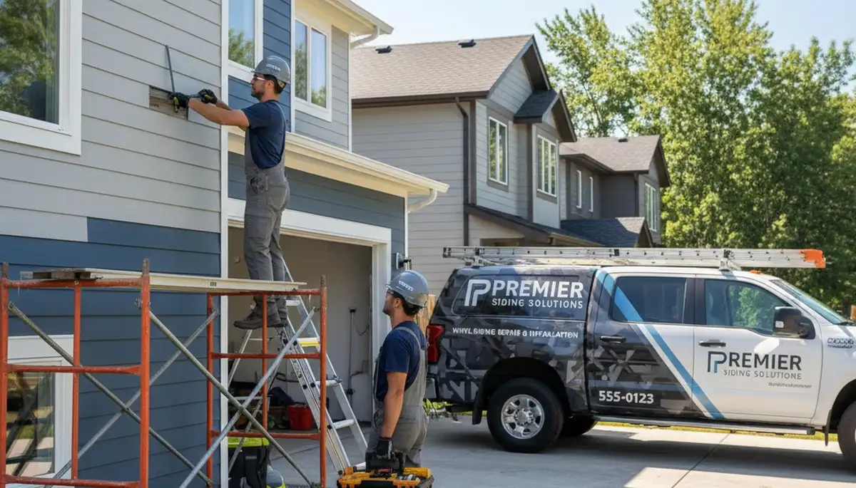 Technician repairing cracked vinyl siding on Buffalo NY home exterior