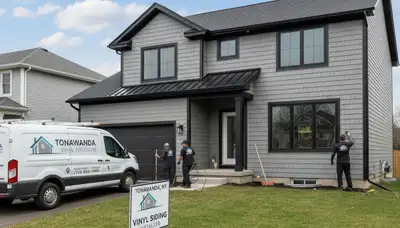 Professional vinyl siding contractors in Buffalo NY installing durable home exterior siding