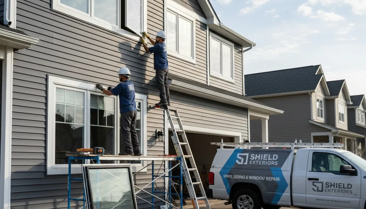 Technician performing window repair on home with vinyl siding in Buffalo, NY
