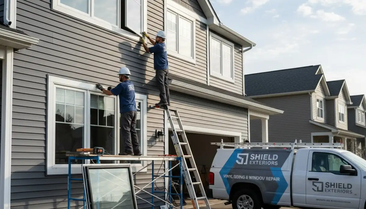 Technician performing window repair on home with vinyl siding in Buffalo, NY